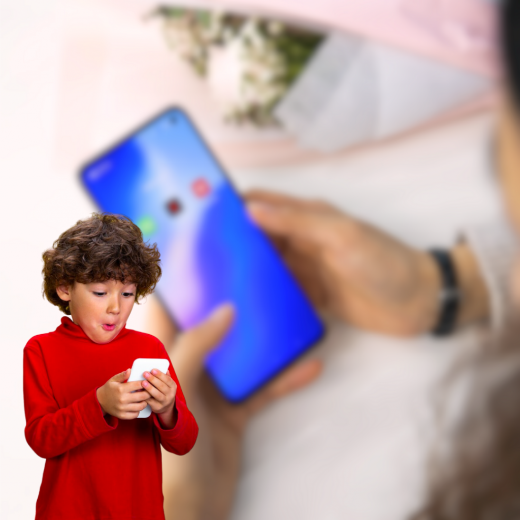 child with surprised phone, parent background using parental control app