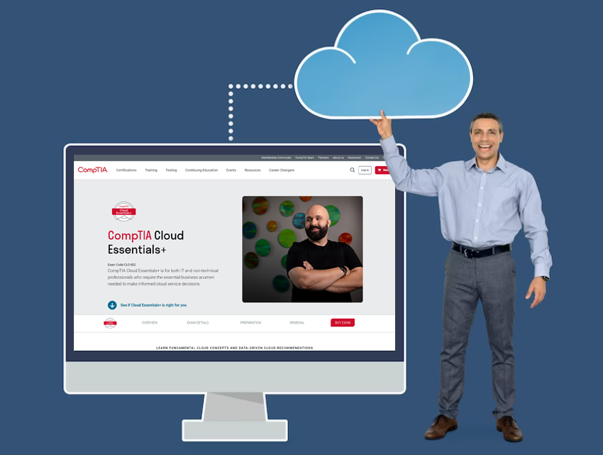 businessman holding a cloud computing icon next to a computer screen