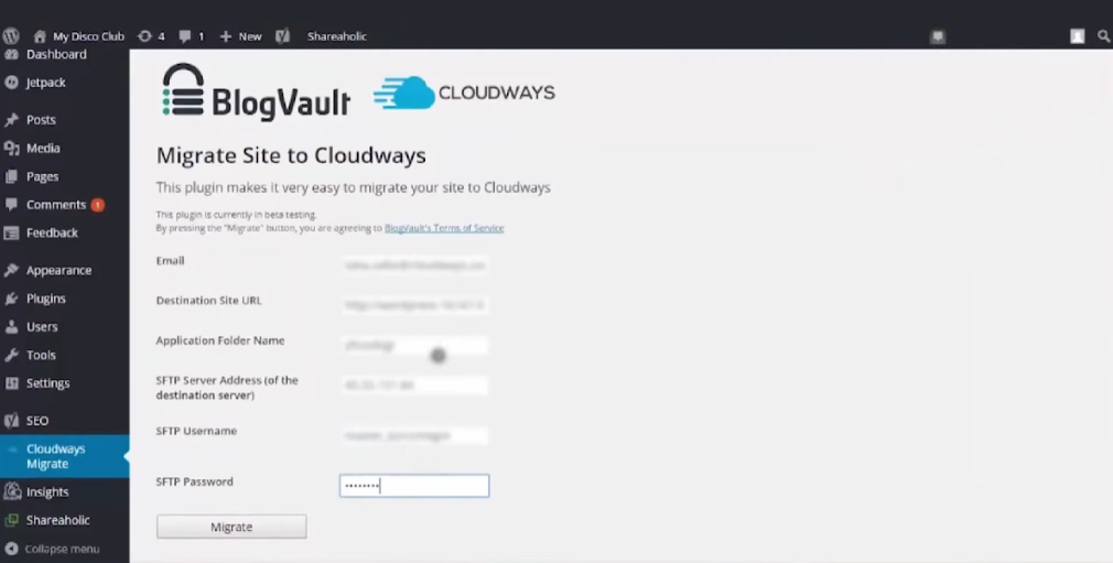 wordpress panel configuration with cloudways